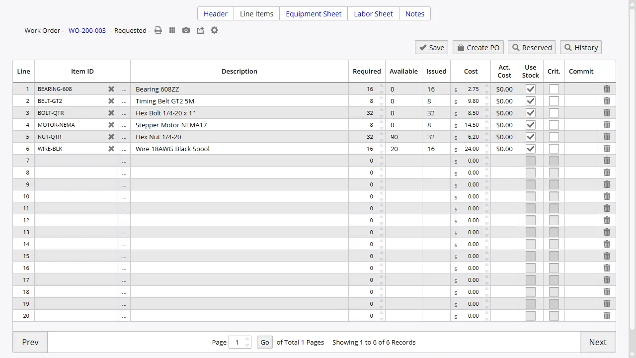 Work order line items showing component parts, required quantities, and issue status for a production assembly